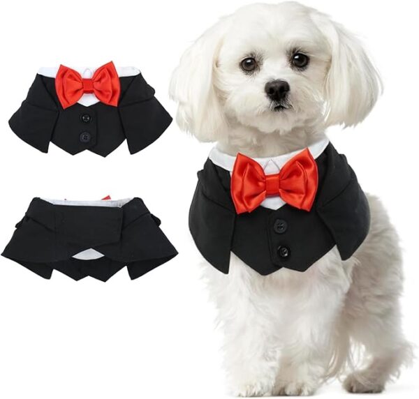 IKIPUKO XS Dog Tuxedo - Wedding Bandana with Red Bowtie for Small Dogs