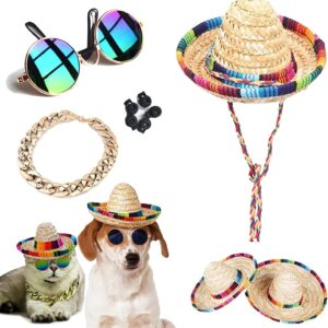 6-Piece Pet Costume Set – Sunglasses, Straw Hat, and Gold Chain Collar for Small to Medium Dogs and Cats – Perfect for Birthdays, Cosplay, and Parties